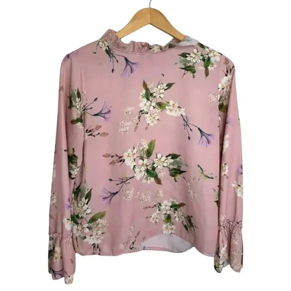 Pink Floral Long Sleeve Women’s M (8/10) Fairycore Coquette Cottagecore Blouse - Picture 1 of 5